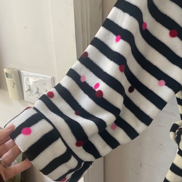 Kate Spade NY Long Sleeve Chenille PlushRobe Confetti Stripe Black White Pink - Picture 5 of 8